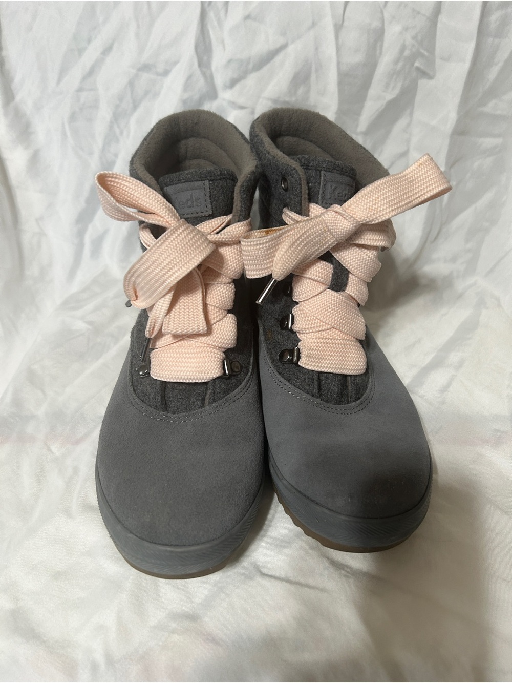 Keds Kids Gray Suede Ankle Boots with Pale Pink Laces